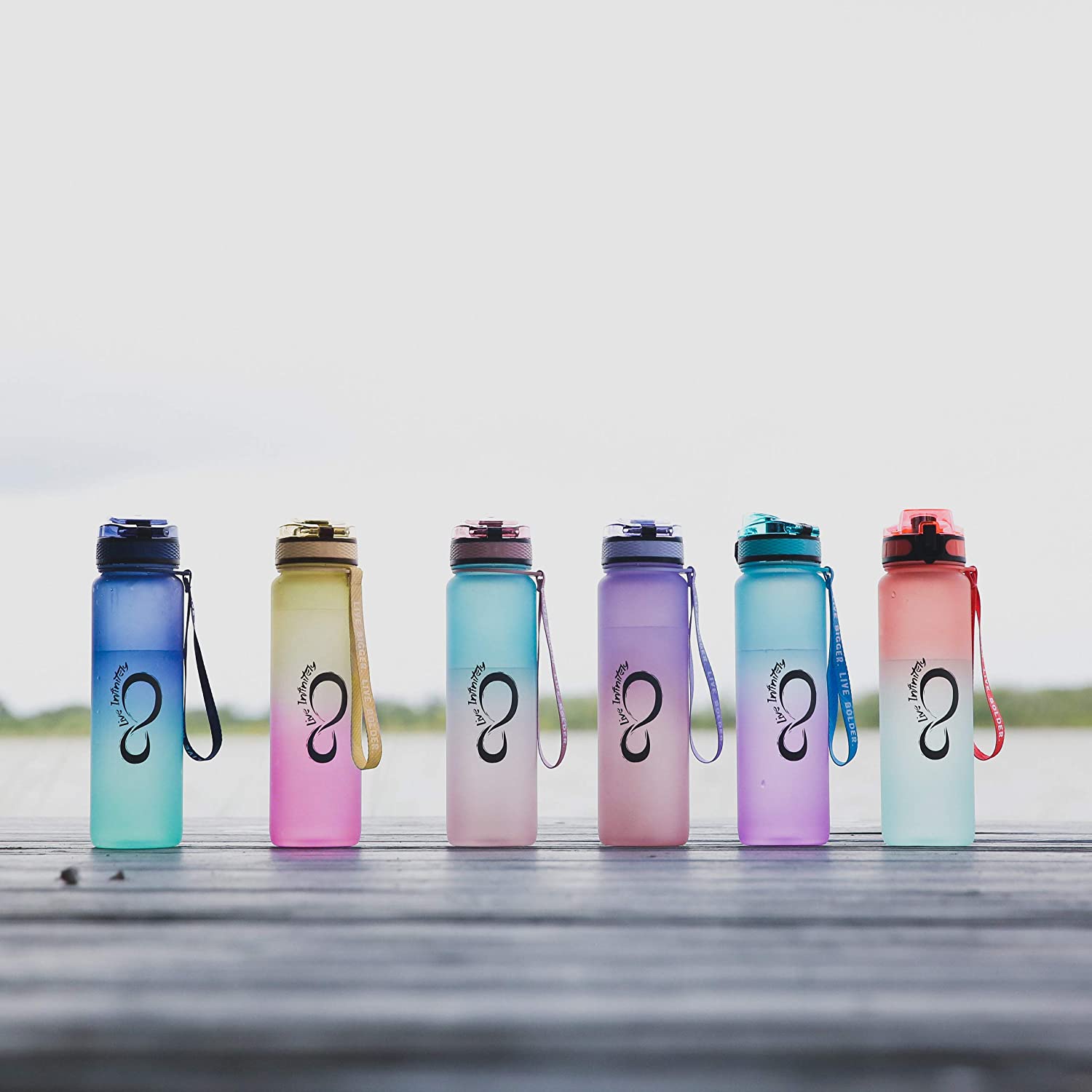 Live Infinitely 34 oz BPA Free Water Bottle with Time Marker, Fruit Infuser Screen & Shaker Blending Ball