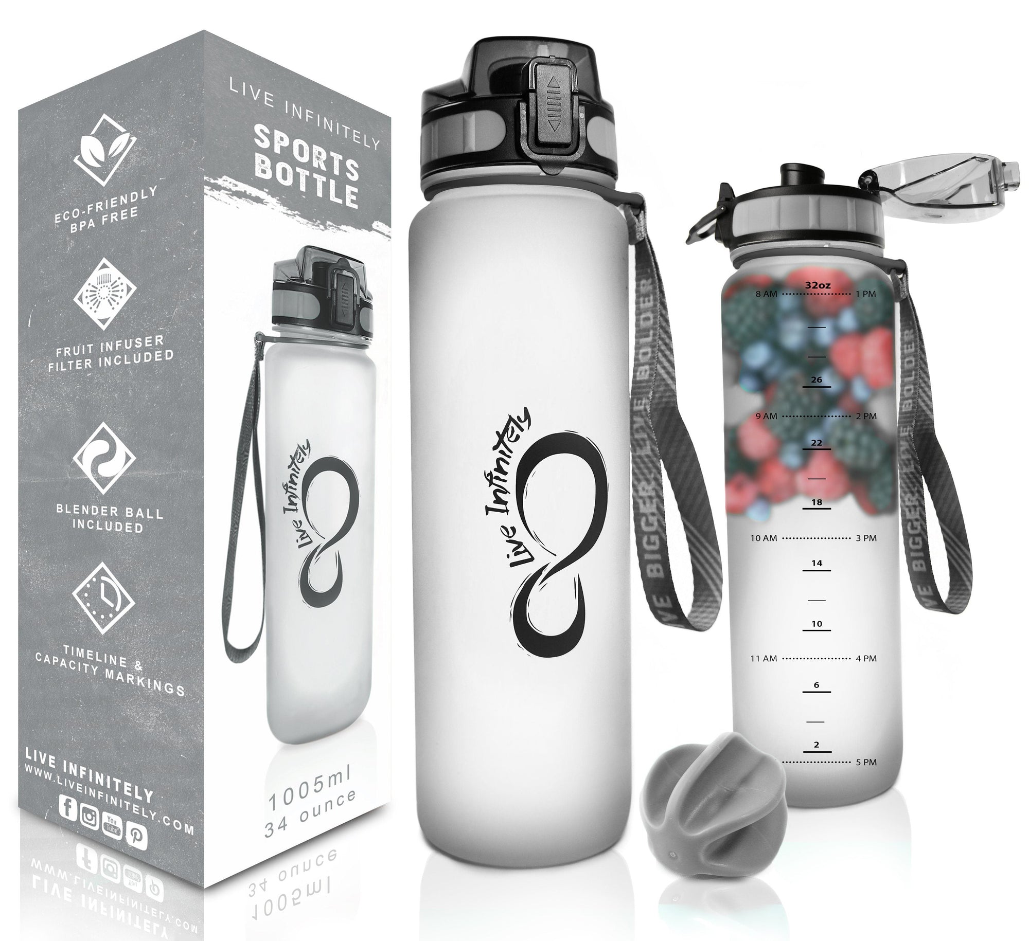 Live Infinitely Gym Water Bottle with Time Marker Fruit Infuser and Shaker 34 oz Lolipop