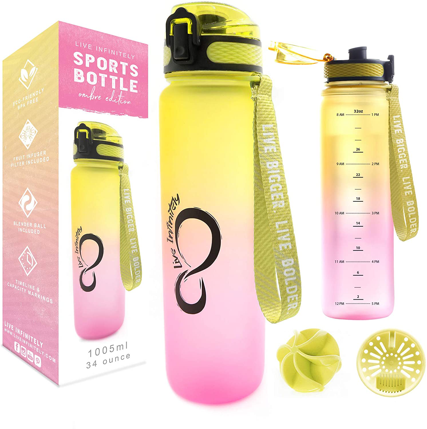 Live Infinitely 34 oz BPA Free Water Bottle with Time Marker, Fruit Infuser Screen & Shaker Blending Ball - Locking Flip Top Lid, Mint