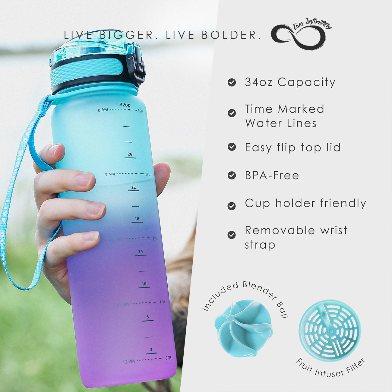Live Infinitely Shaker Water Bottle with Timeline Markings & Fruit Infuser - 34oz High Flow Sports Water Bottle