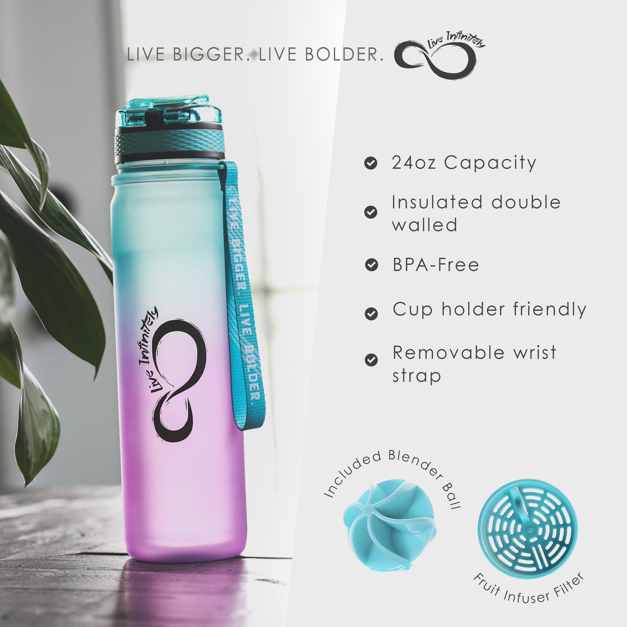 Live Infinitely Gym Water Bottle with Time Marker Fruit Infuser and Shaker 34 oz Sea Glass