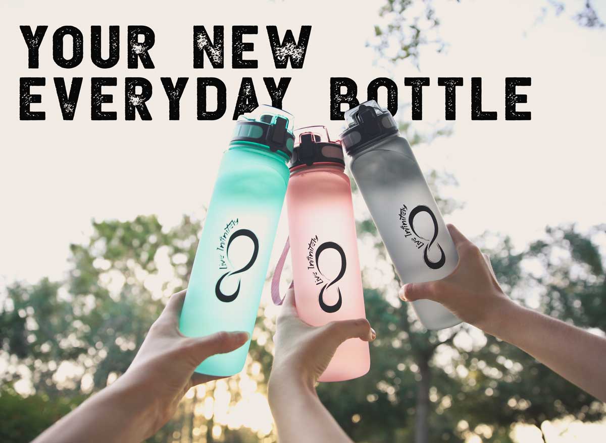 Live Infinitely 34 oz BPA Free Water Bottle with Time Marker, Fruit Infuser Screen & Shaker Blending Ball - Locking Flip Top Lid, Mint